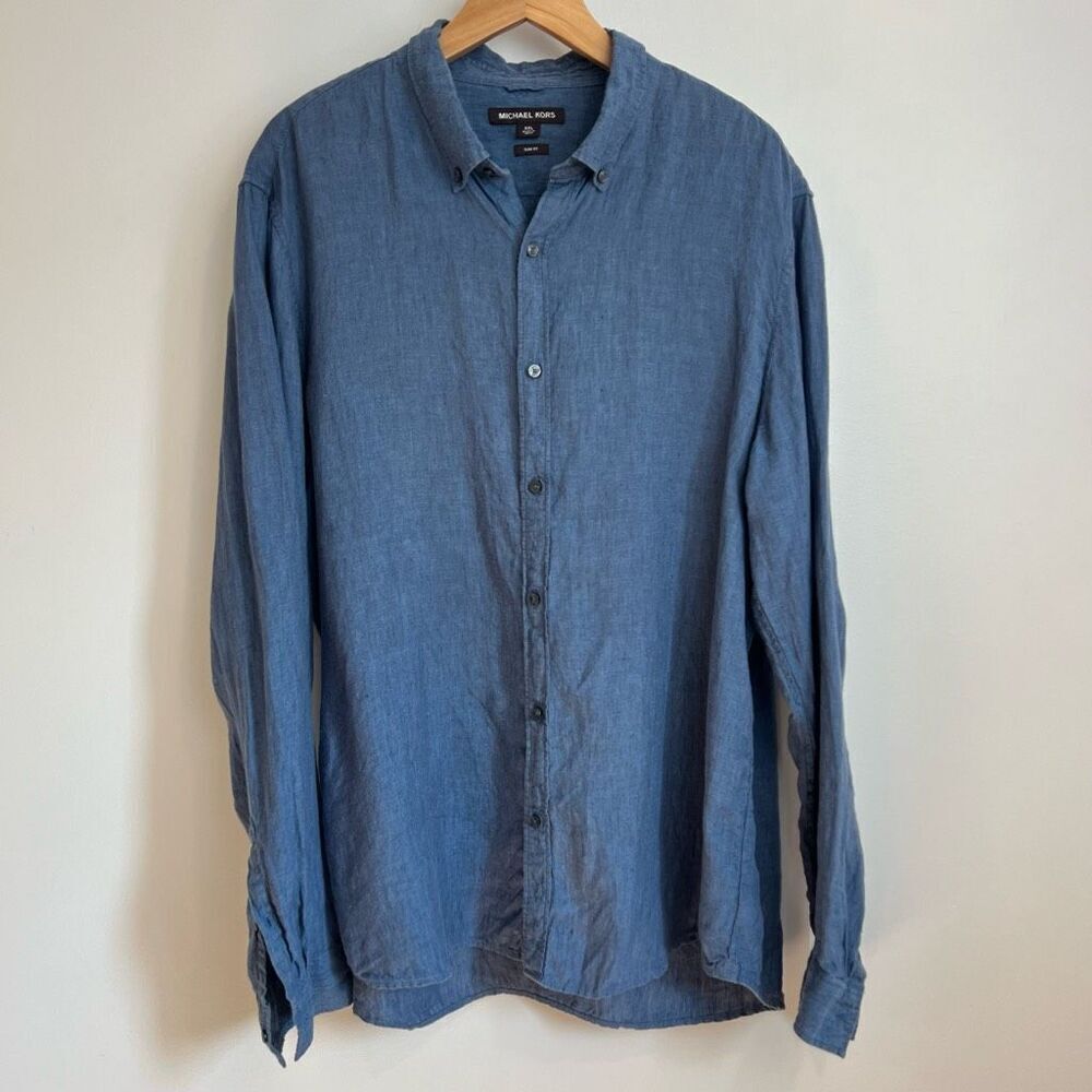 Michael Kors Men’s XXL 2XL Slim Fit Blue Casual Long Sleeve Button Down Shirt